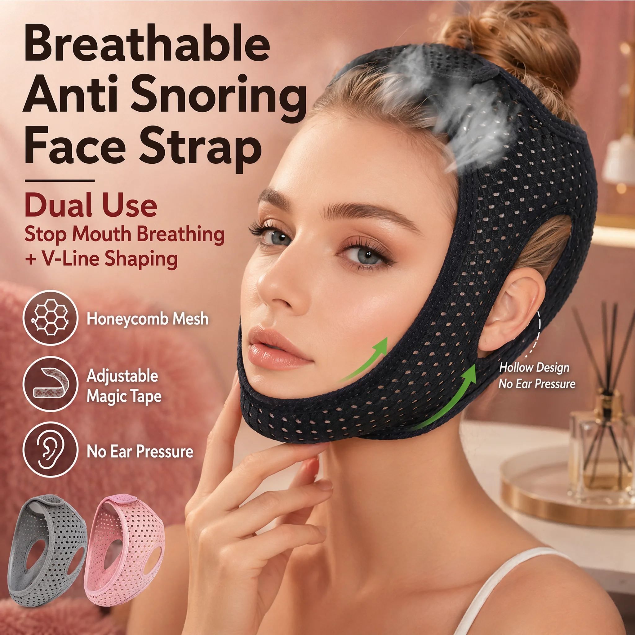 Anti Snore Chin Strap Adjustable - 通気性のあるハニカムメッシュいびき防止ストラップ口呼吸矯正器360 ° Vラインフェイスリフティングベルト 調節可能なマジックテープ スリープ用