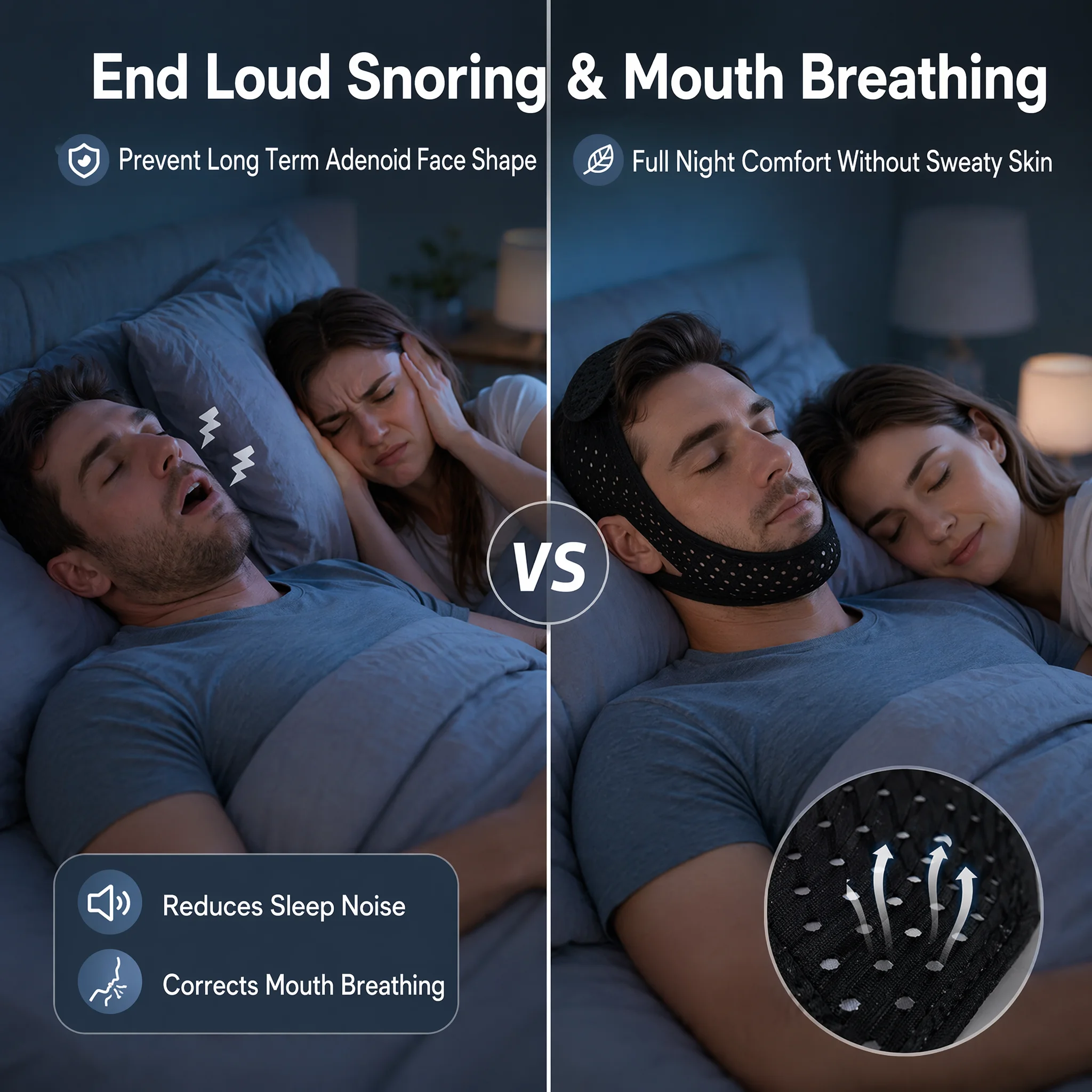 通気性のあるハニカムメッシュいびき防止ストラップ口呼吸矯正器 - Anti Snore Chin Strap Adjustable のレビューと価格